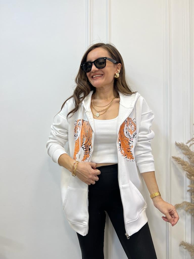 Beyaz Aslan Baskılı Fermuarlı Ceket 5016