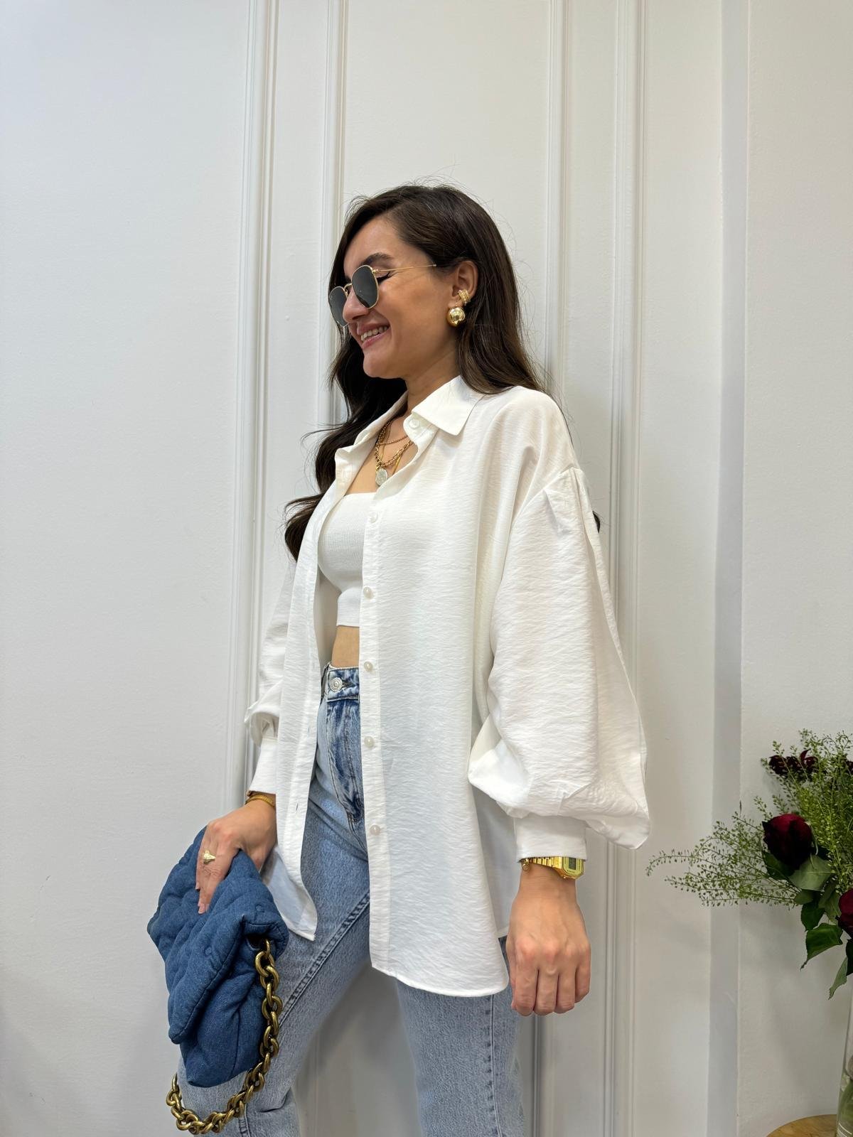 Beyaz Balon Kol Oversize Gömlek 0341