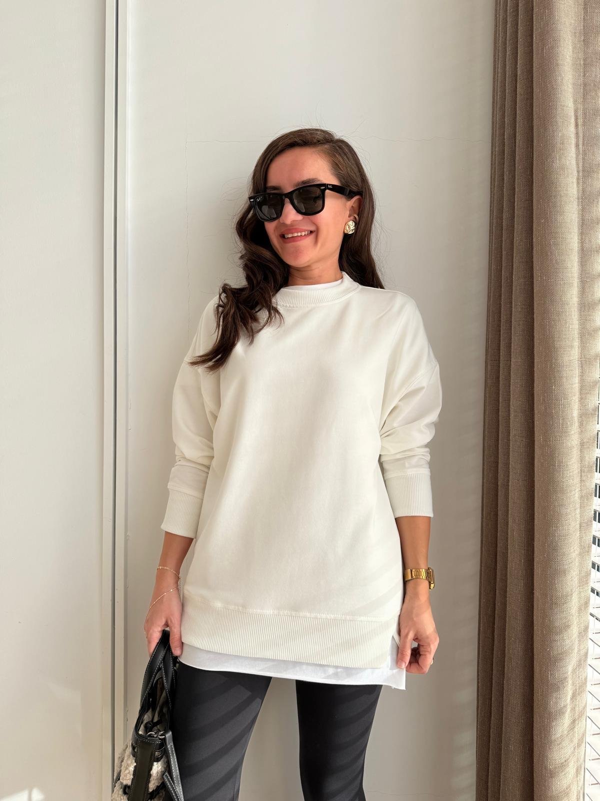 Beyaz Basic İki İplik Sweatshirt 9002