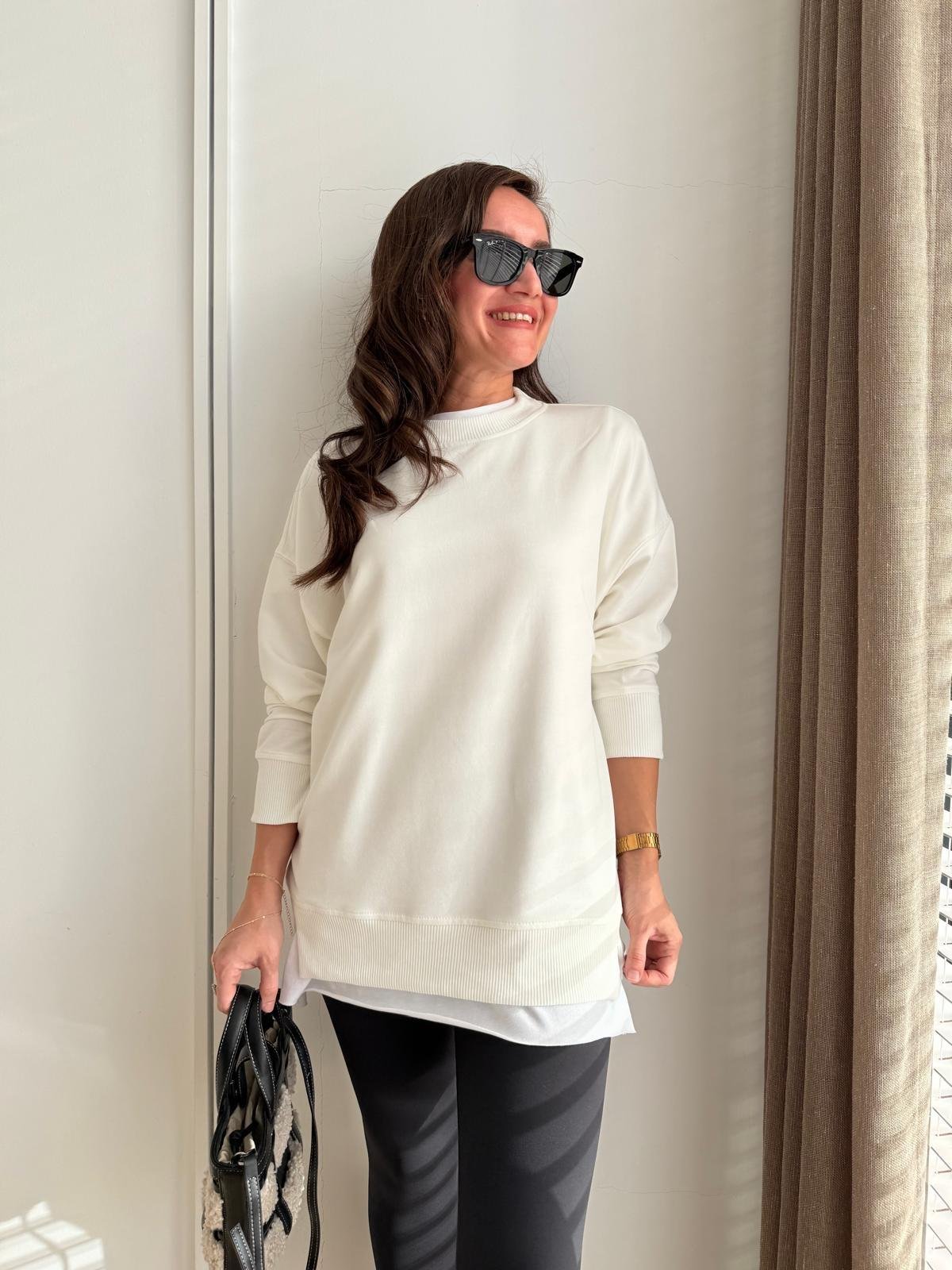 Beyaz Basic İki İplik Sweatshirt 9002
