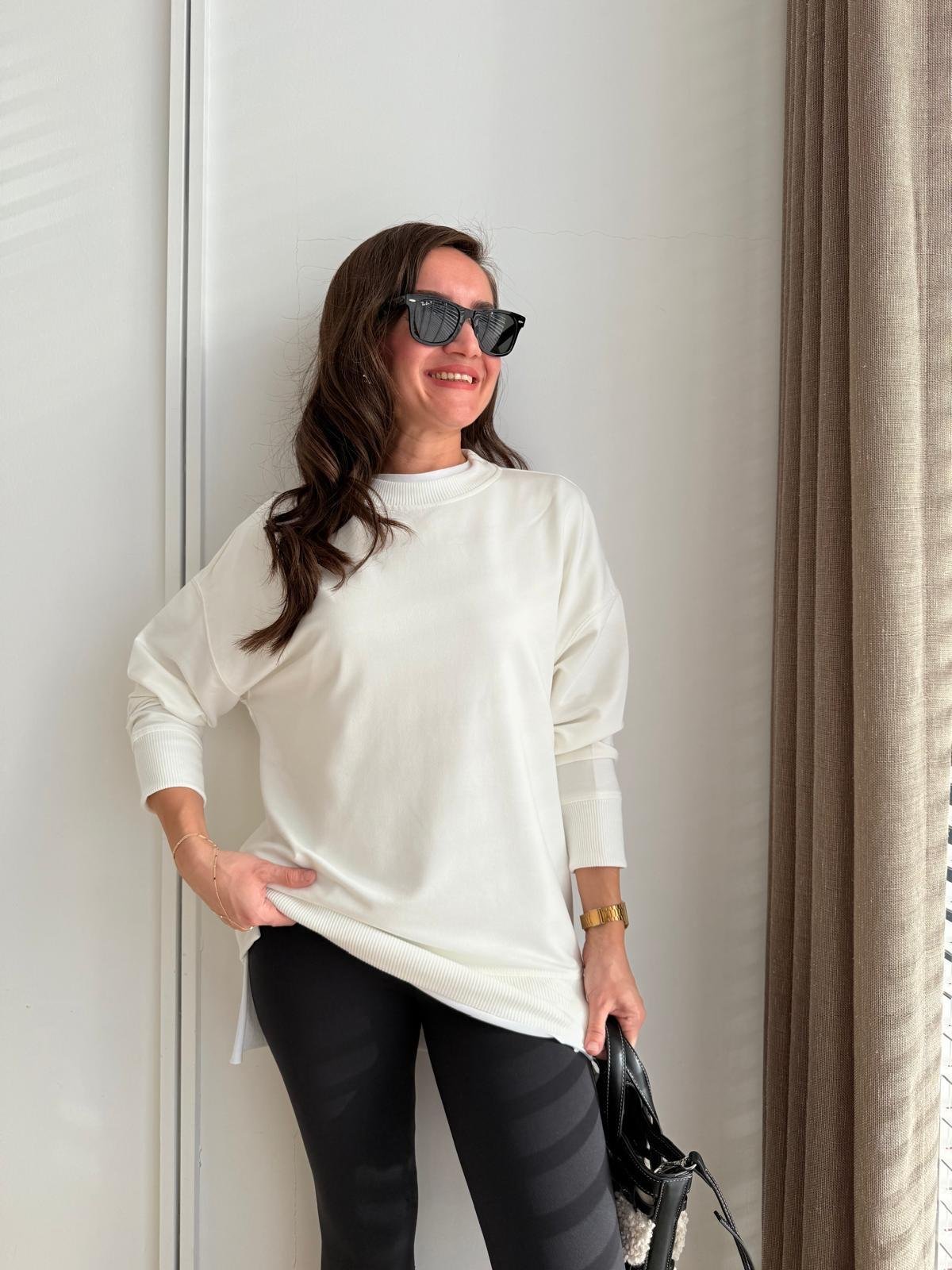 Beyaz Basic İki İplik Sweatshirt 9002