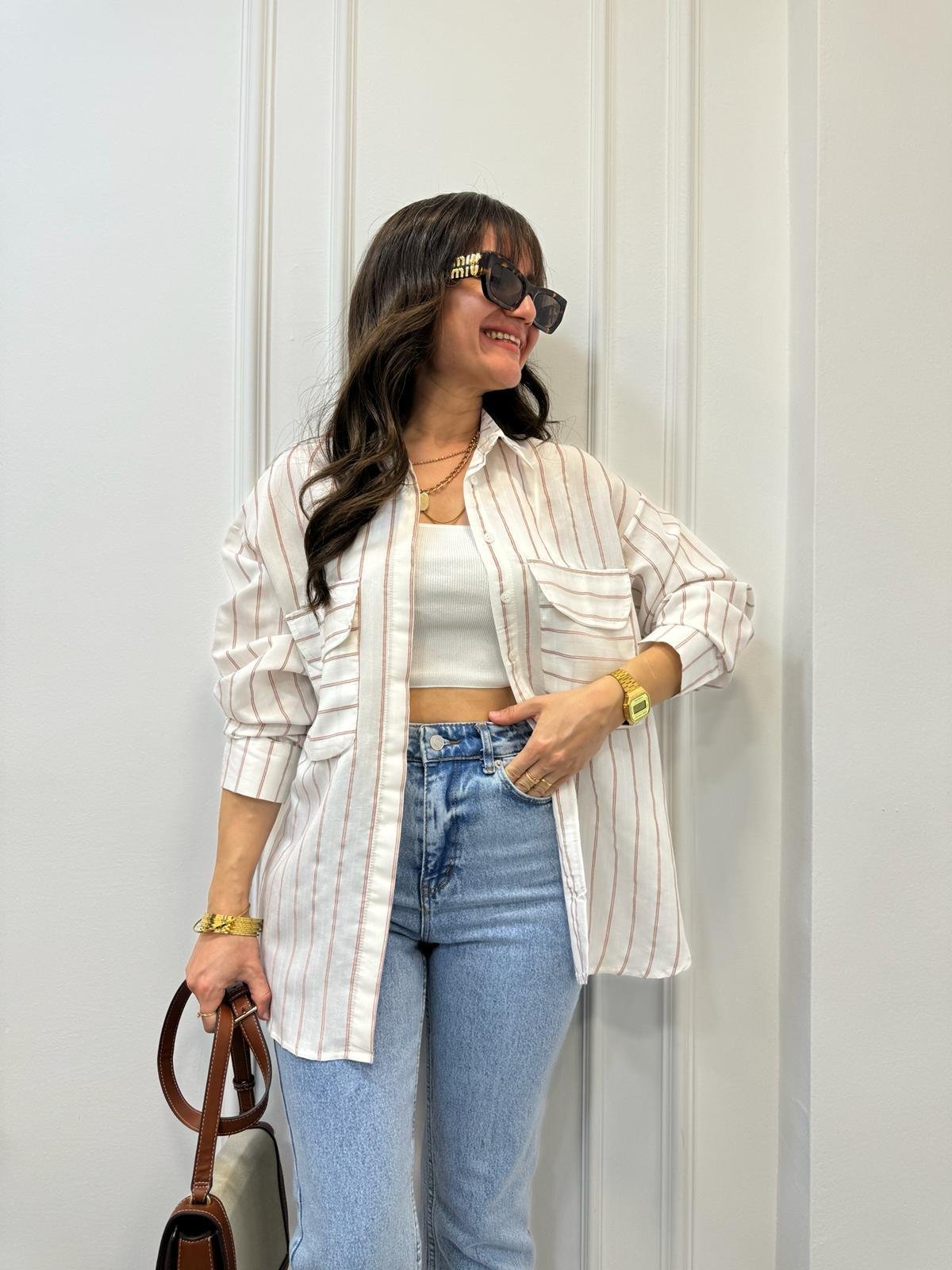 Beyaz Bej Çizgili Ön Cepli Oversize Gömlek 6047