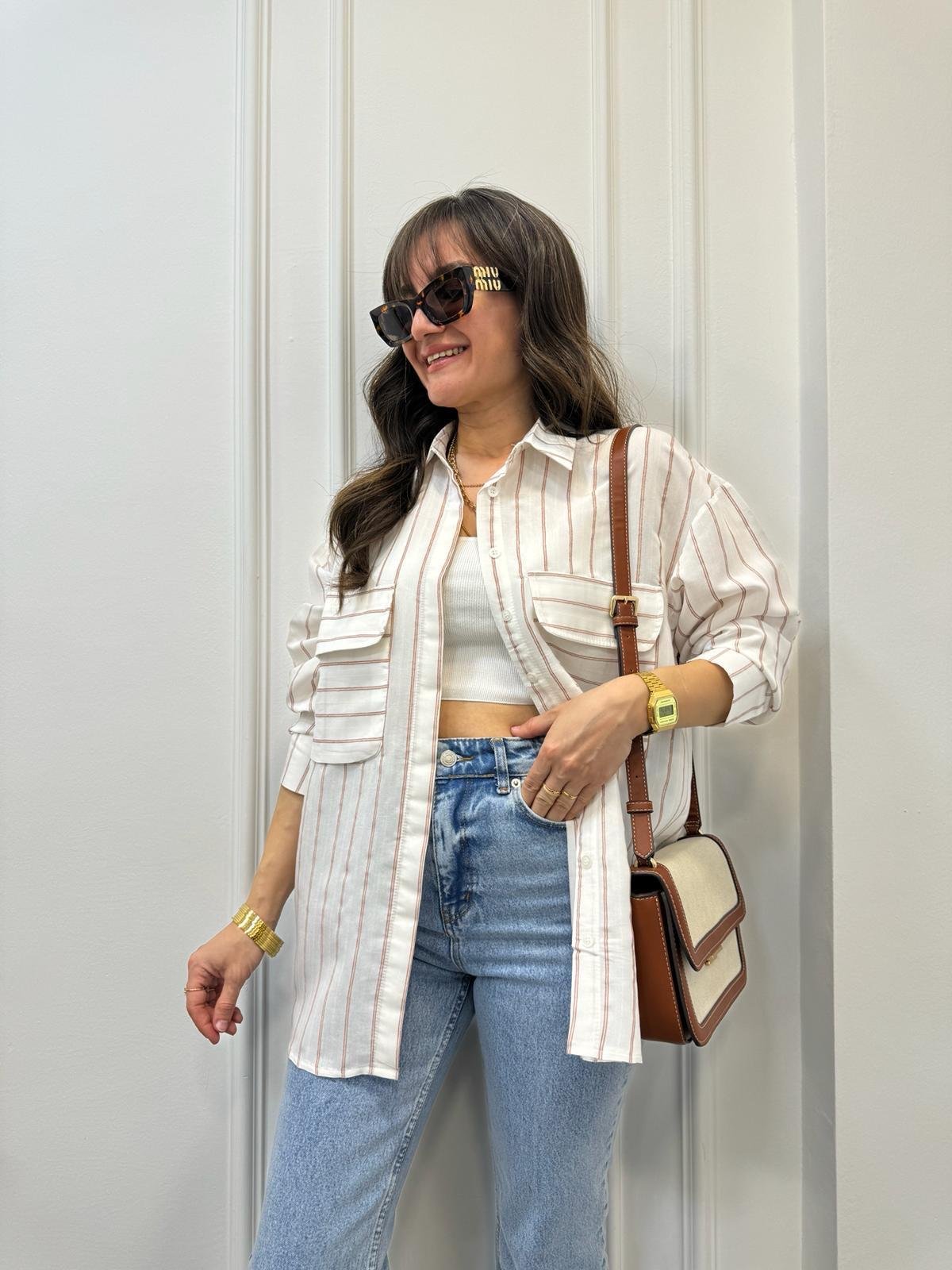 Beyaz Bej Çizgili Ön Cepli Oversize Gömlek 6047