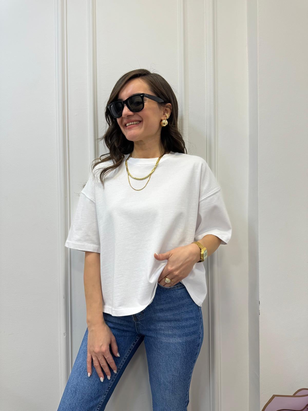 Beyaz Bisiklet Yaka Basic Tişört 31017