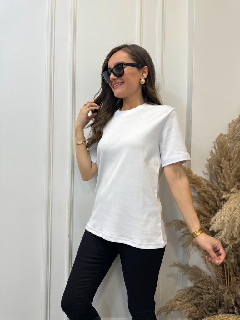 Beyaz Bisiklet Yaka Lüx Kalite Tshirt 19016