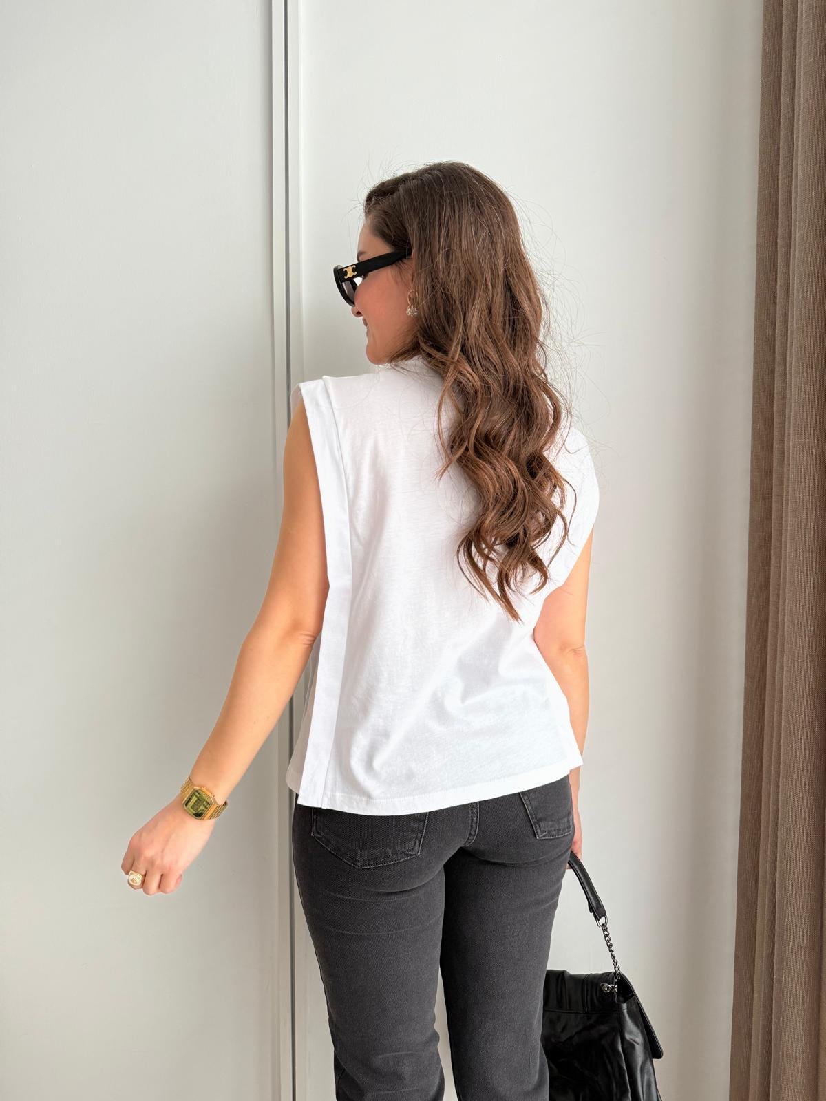 Beyaz Bisiklet Yaka Önü Taşlı Tshirt 16175
