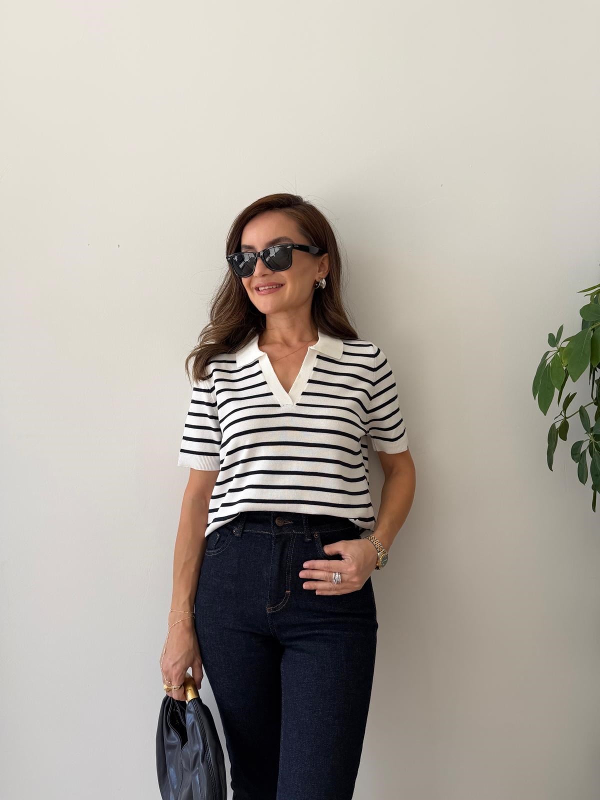 Beyaz Çizgili Polo Yaka Triko Tshirt 5526