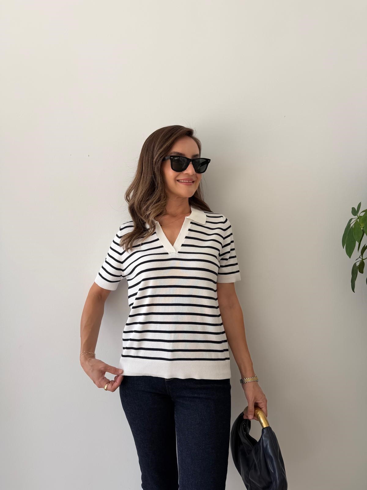 Beyaz Çizgili Polo Yaka Triko Tshirt 5526