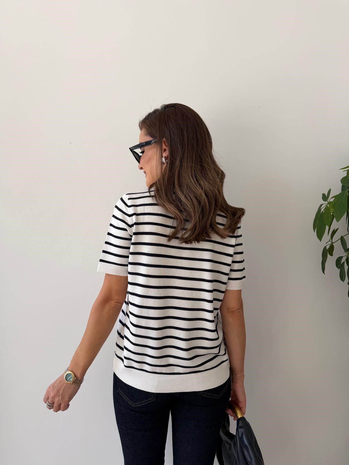 Beyaz Çizgili Polo Yaka Triko Tshirt 5526