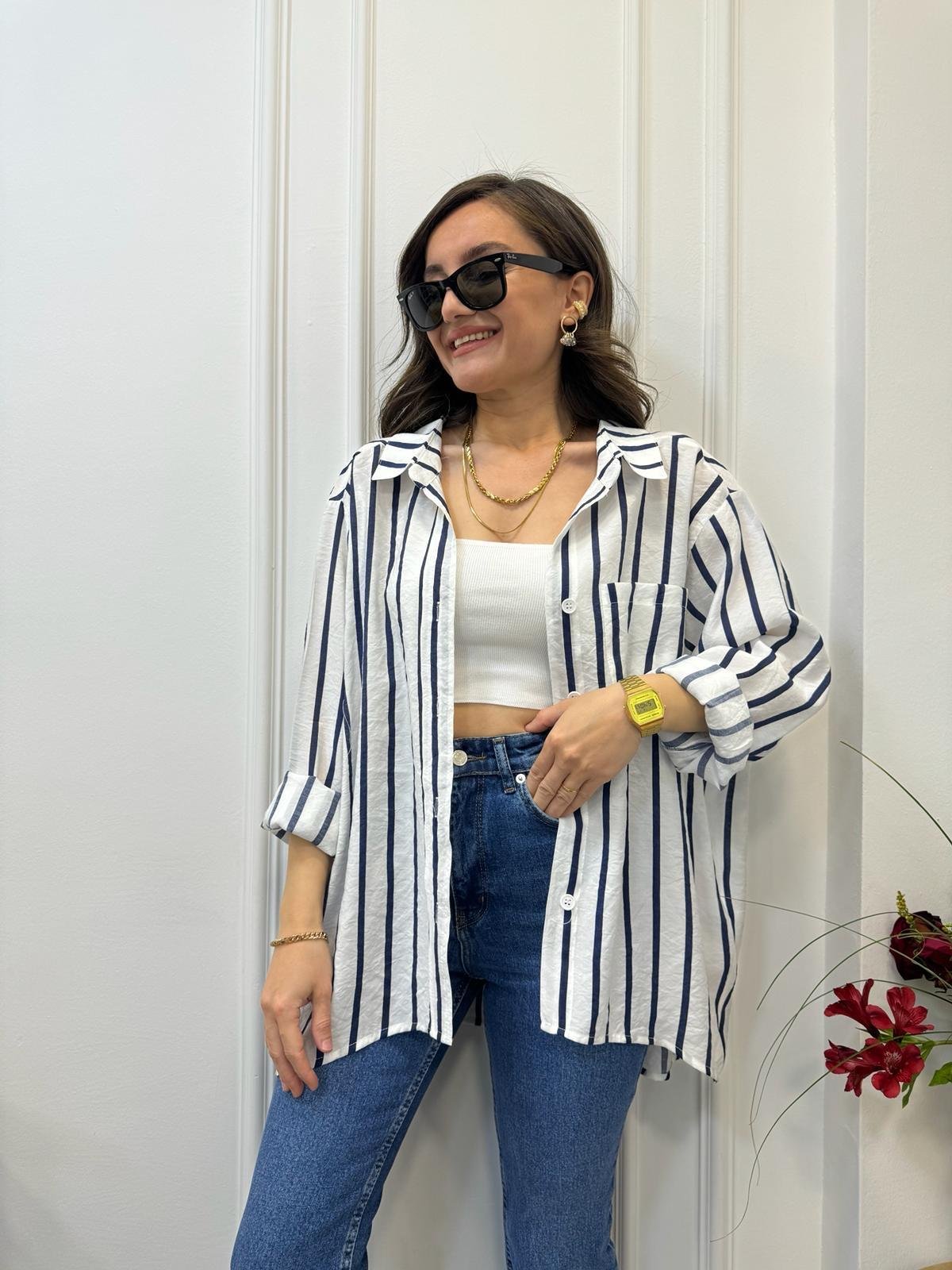 Beyaz Çizgili Tek Cepli Oversize Gömlek 58093