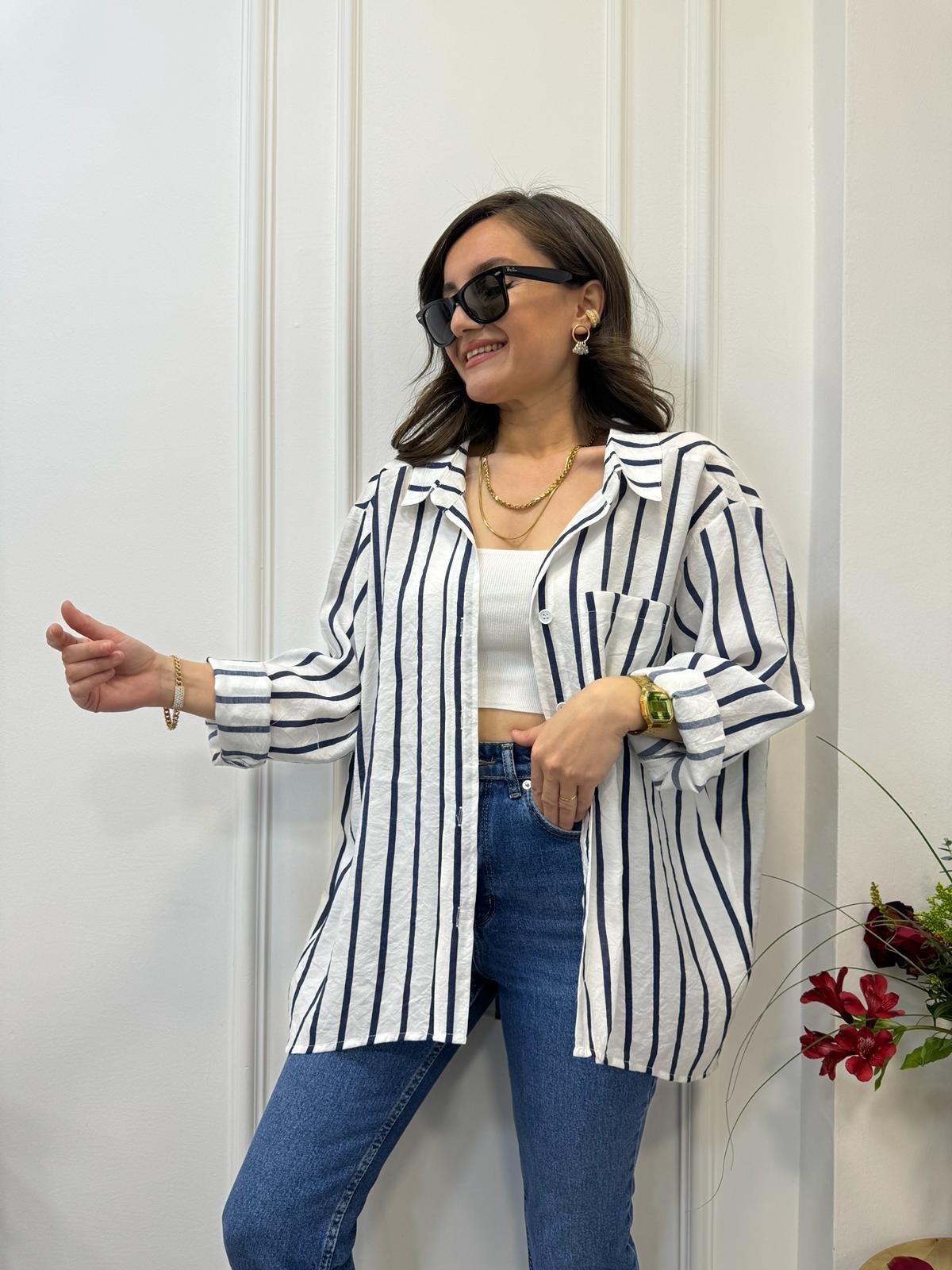 Beyaz Çizgili Tek Cepli Oversize Gömlek 58093