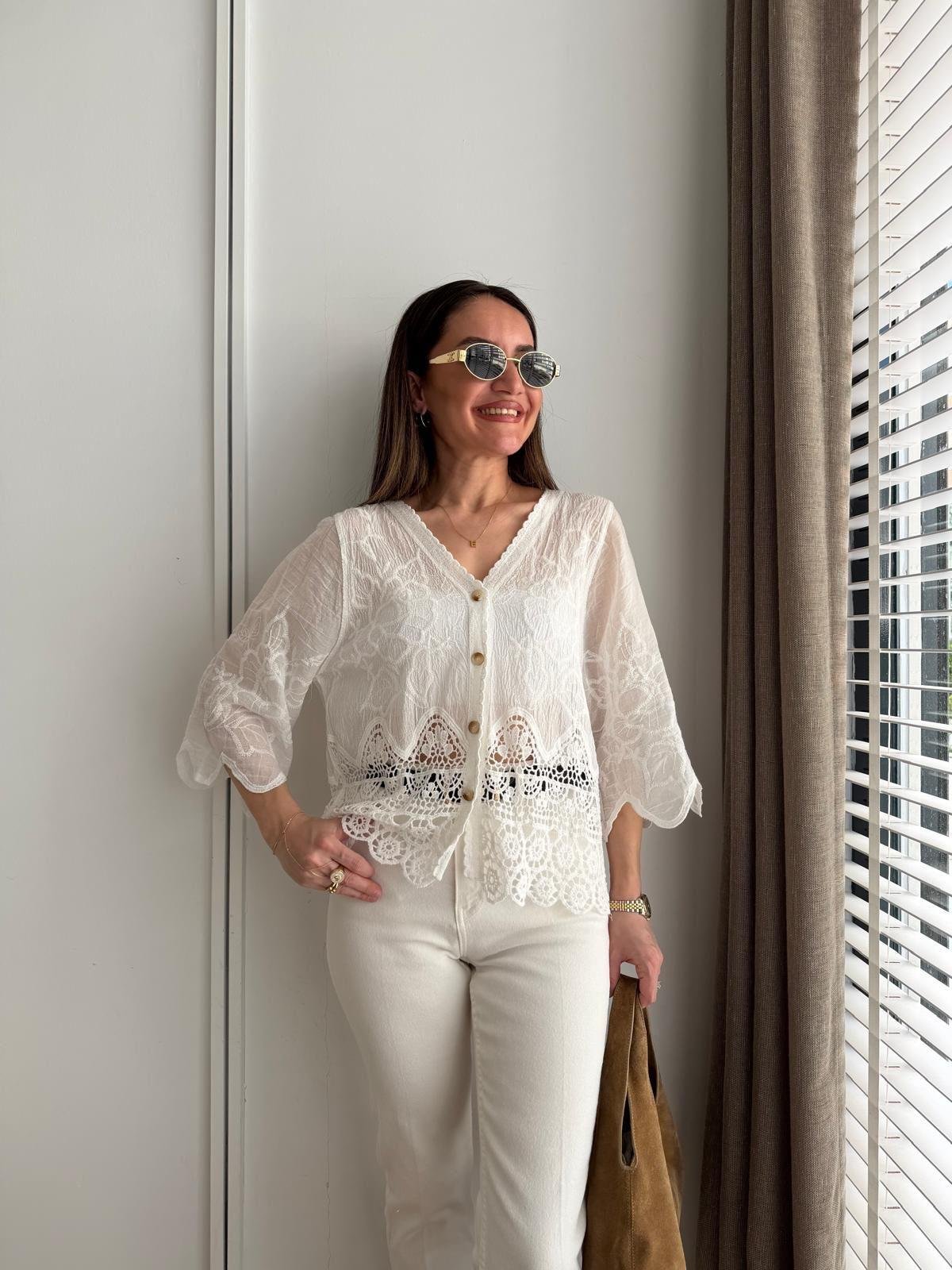 Beyaz Dantel Detaylı Kısa Kimono 38405