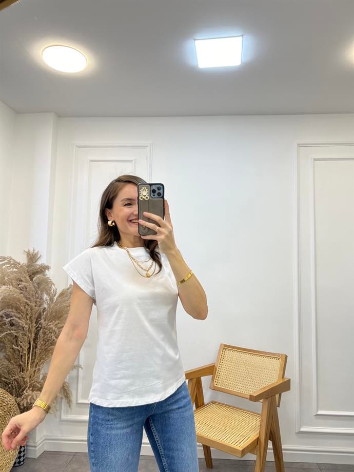 Beyaz Dik Yaka Basic Tshirt 3677