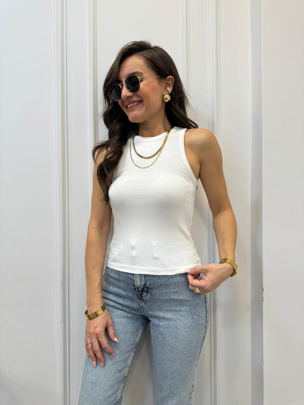 Beyaz Halter Yaka Fitilli Atlet 3128
