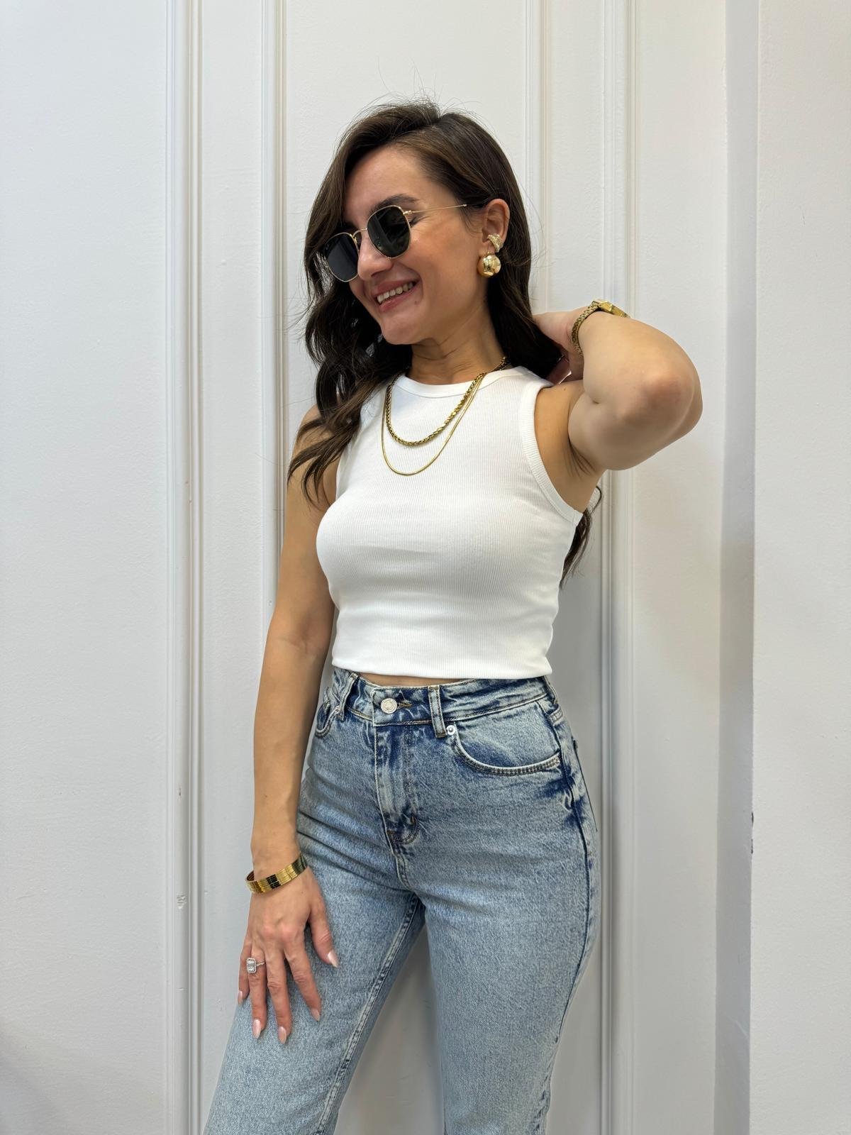 Beyaz Halter Yaka Fitilli Atlet 3128