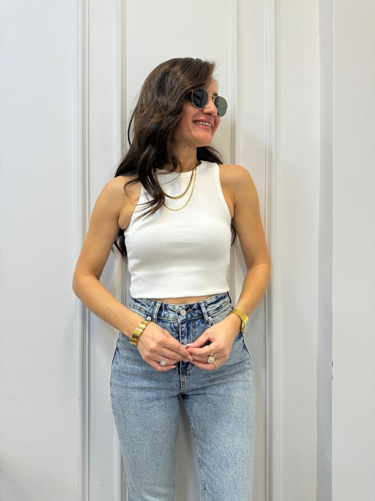 Beyaz Halter Yaka Fitilli Atlet 3128