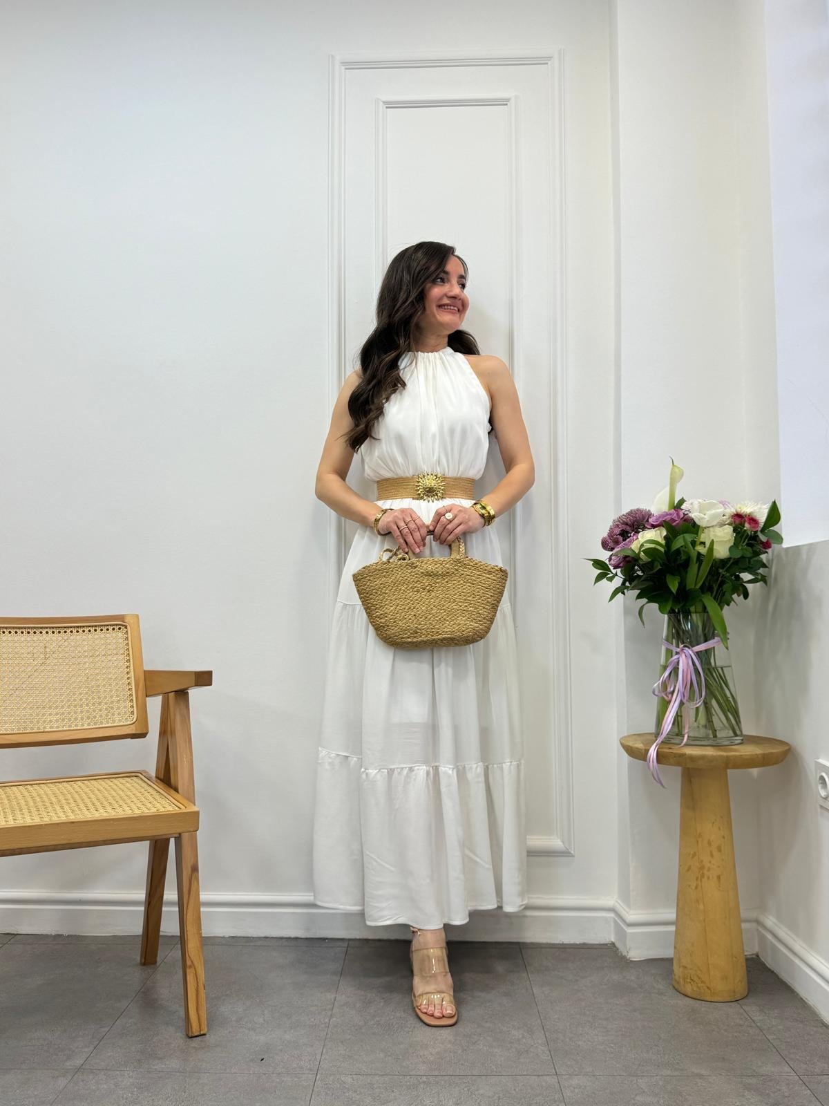 Beyaz Halter Yaka Volan Detaylı Elbise 279067