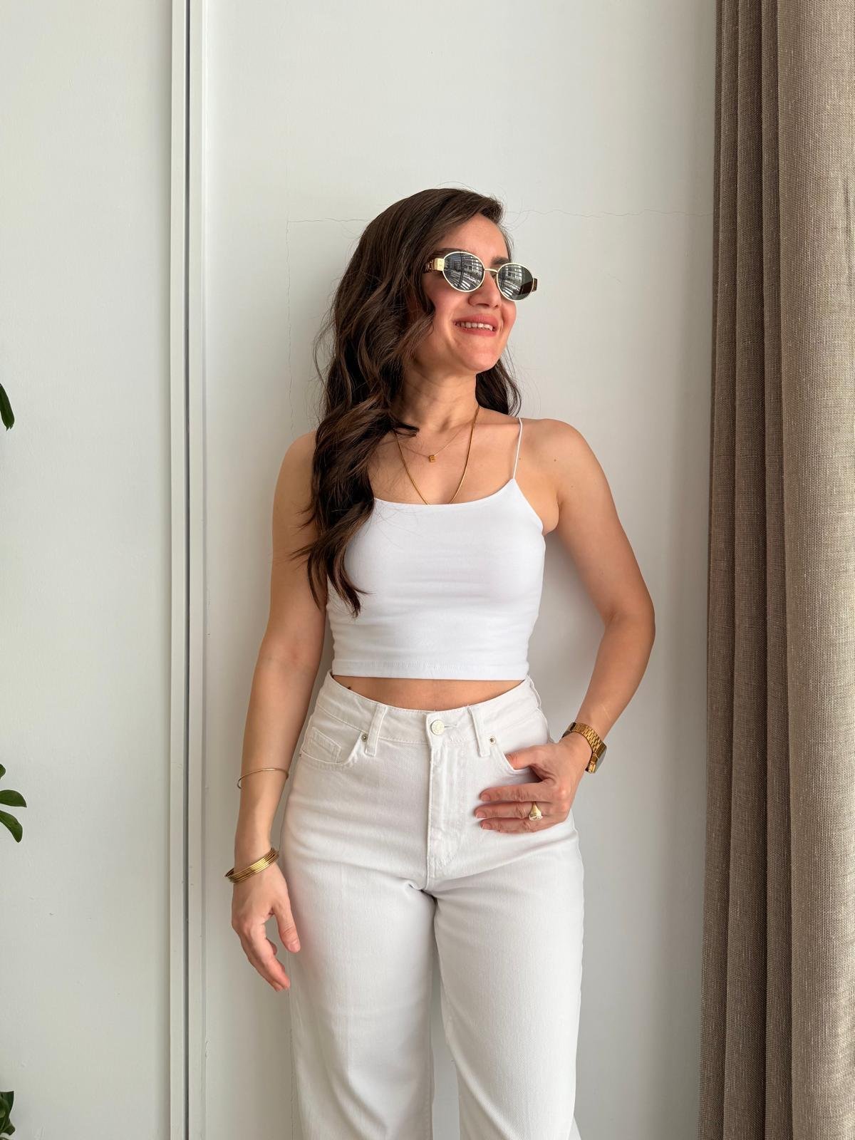 Beyaz İp Askılı Crop 3077