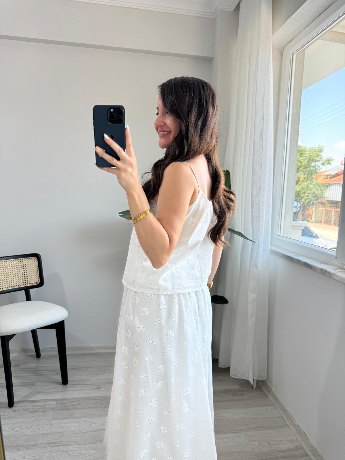 Beyaz İp Askılı Fisto Desenli Bluz 2882