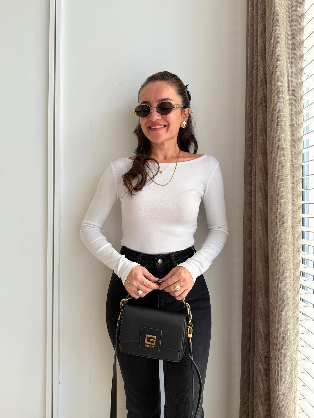 Beyaz Kayık Yaka Uzun Kollu Bluz 31332