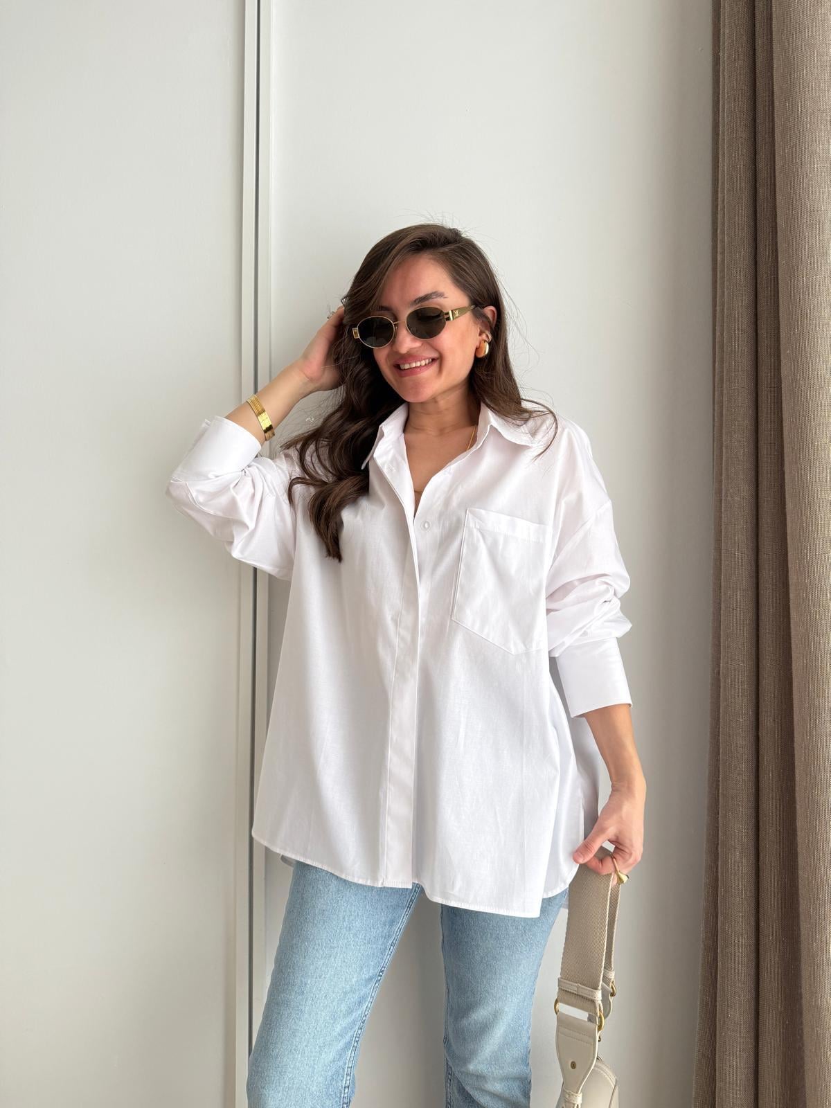 Beyaz Kol Manşetli Cepli Oversize Gömlek 5260