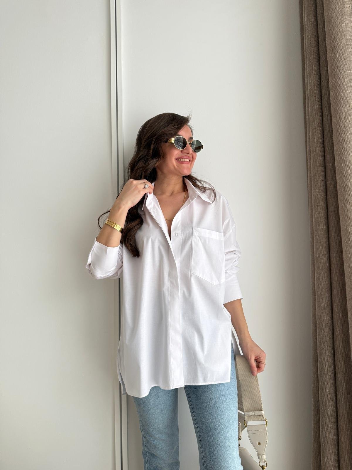 Beyaz Kol Manşetli Cepli Oversize Gömlek 5260