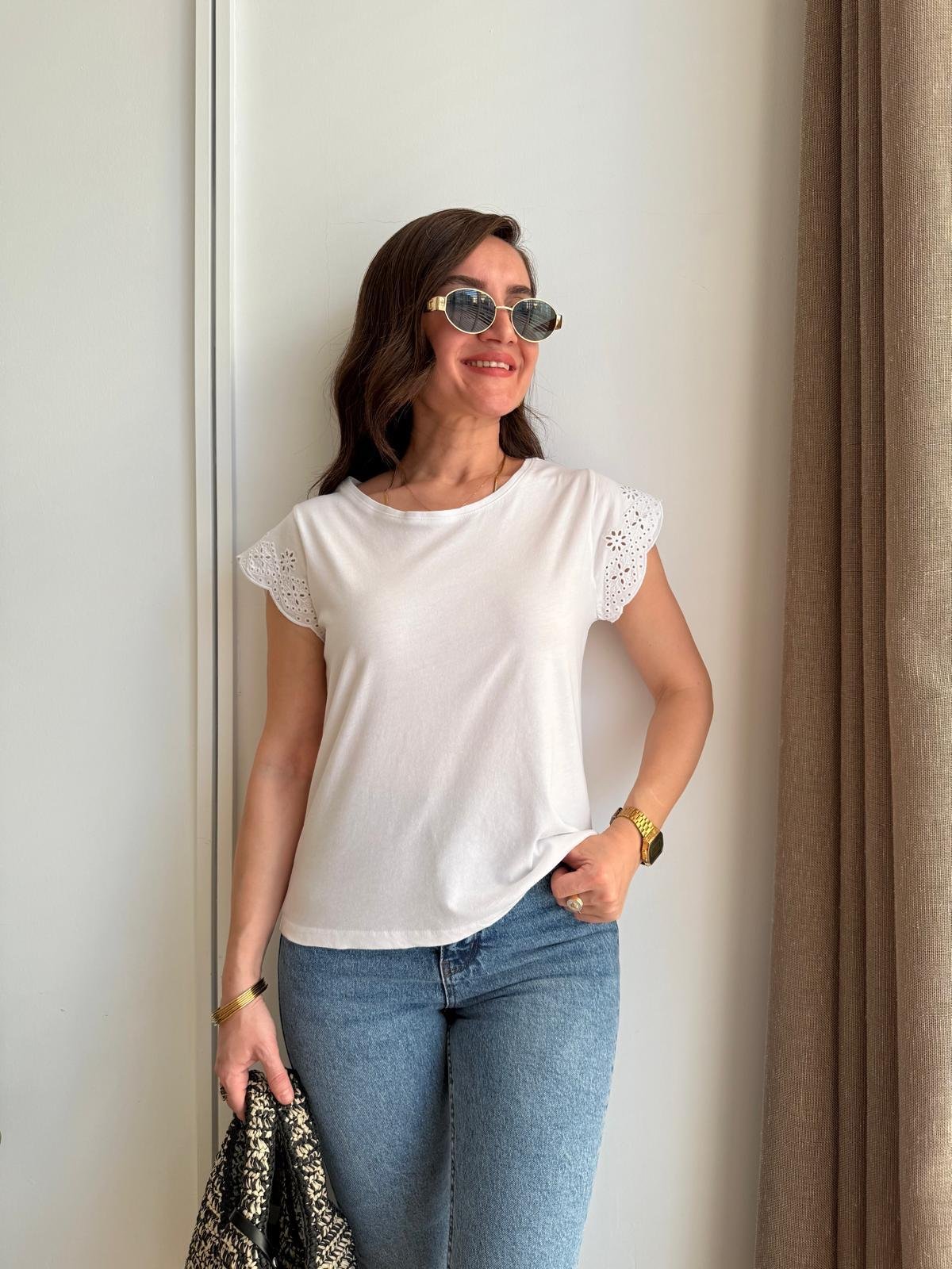 Beyaz Kolu Dantelli Tshirt 2982