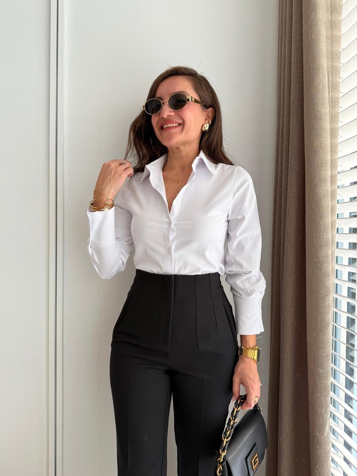 Beyaz Kolu Geniş Manşetli Slimfit Gömlek 5142
