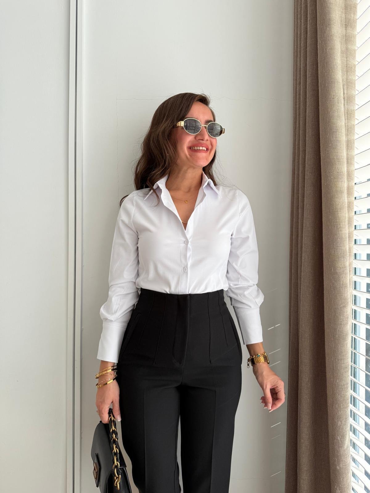 Beyaz Kolu Geniş Manşetli Slimfit Gömlek 5142