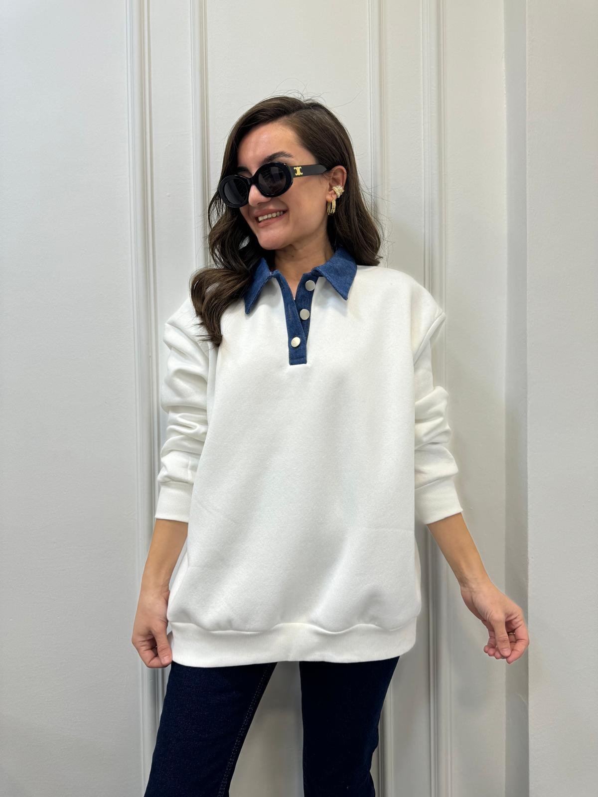 Beyaz Kot Yaka Detaylı Sweatshırt 110032