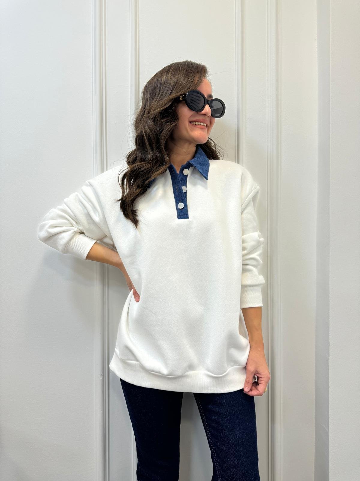 Beyaz Kot Yaka Detaylı Sweatshırt 110032