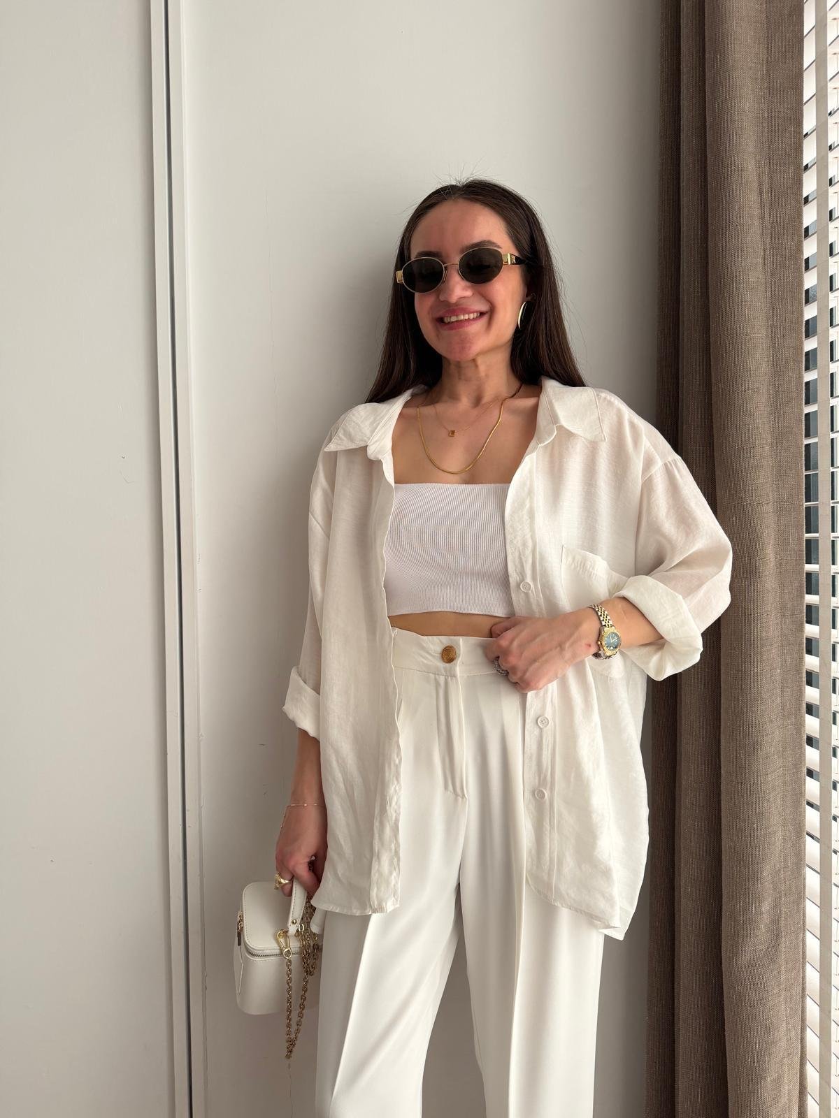 Beyaz Lüx Kalite Oversize Gömlek 4612