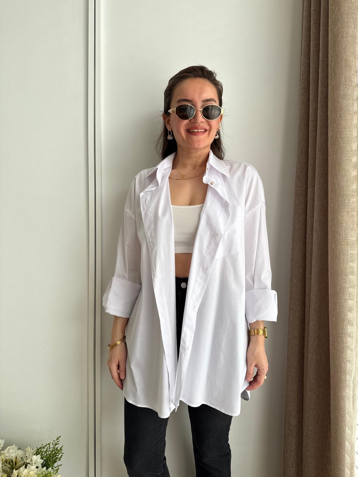 Beyaz Lüx Kalite Pamuklu Oversize Gömlek 5310