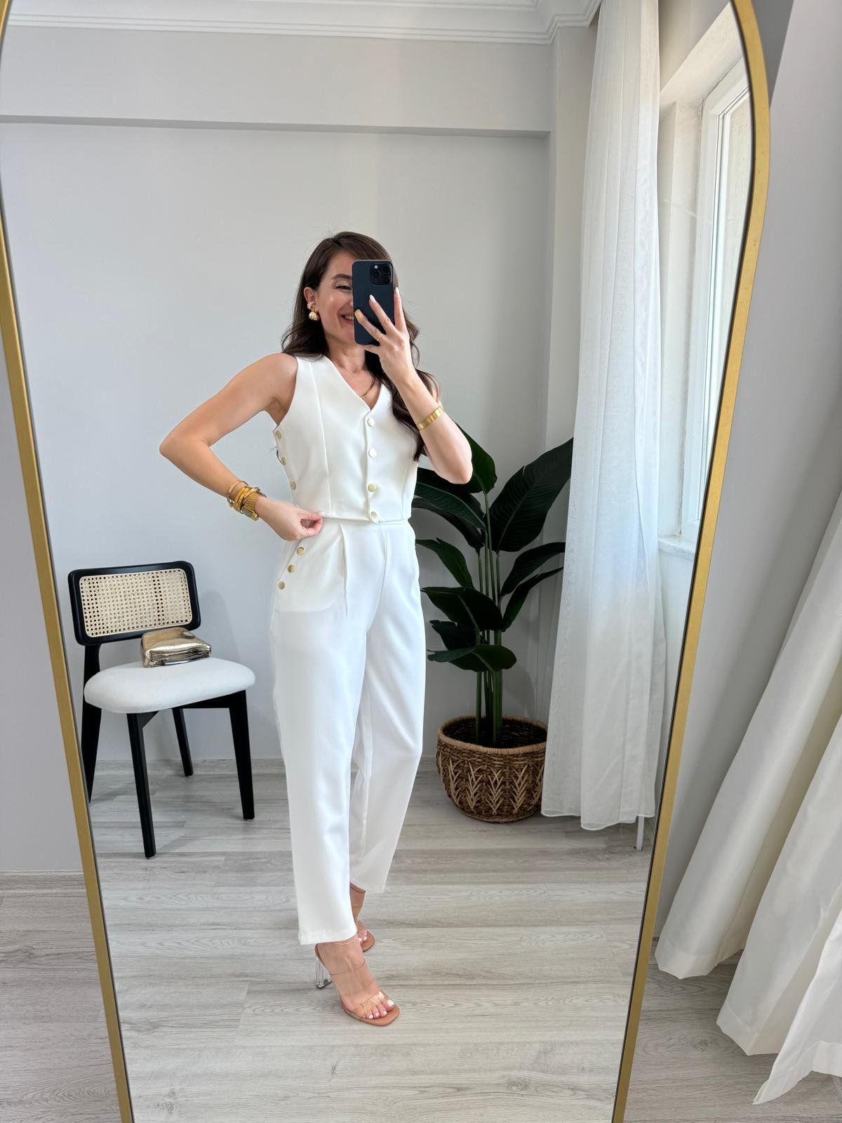 Beyaz Marka Model Gold Düğmeli Yelek Pantolon Takım 4150
