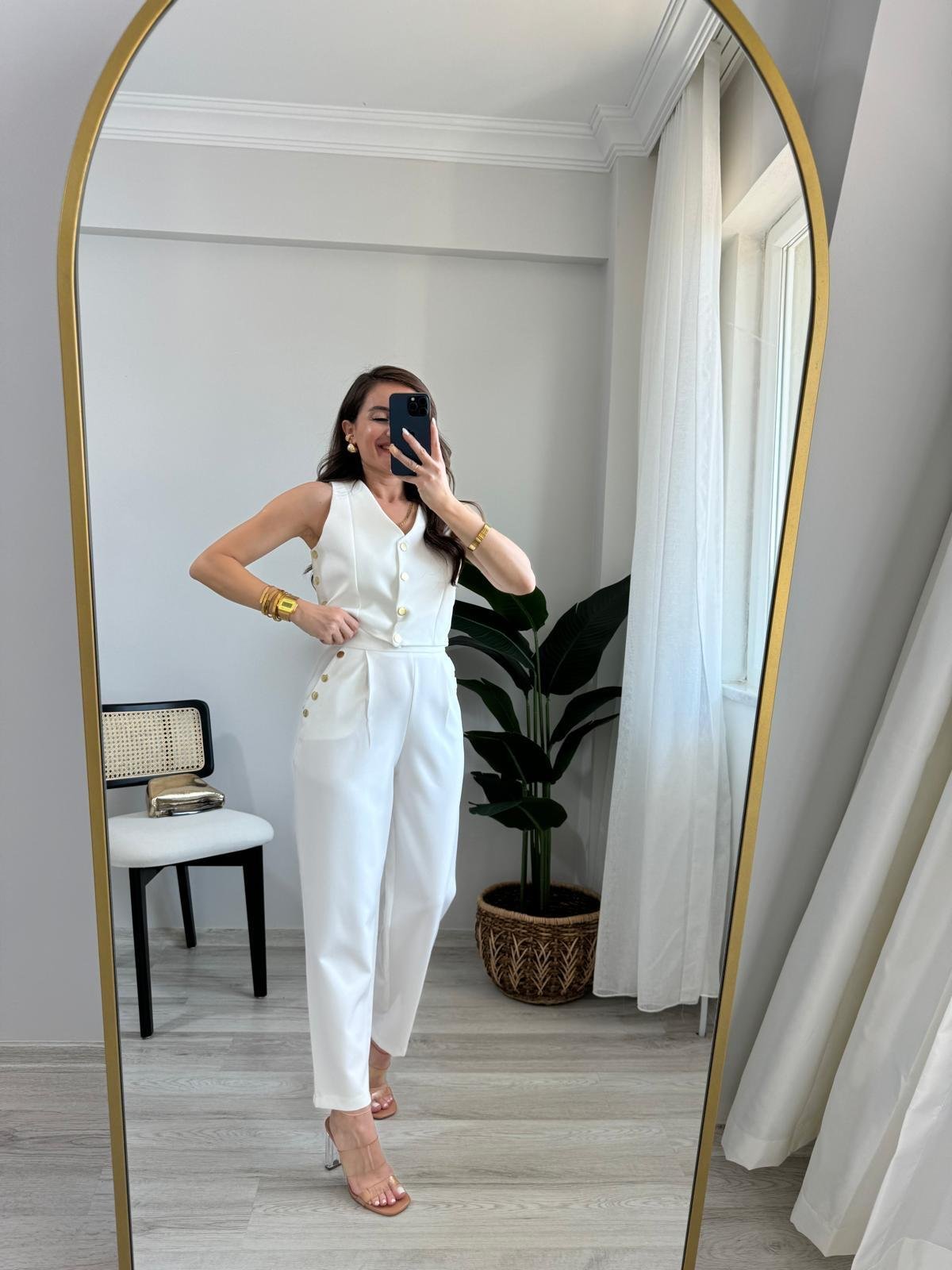 Beyaz Marka Model Gold Düğmeli Yelek Pantolon Takım 4150