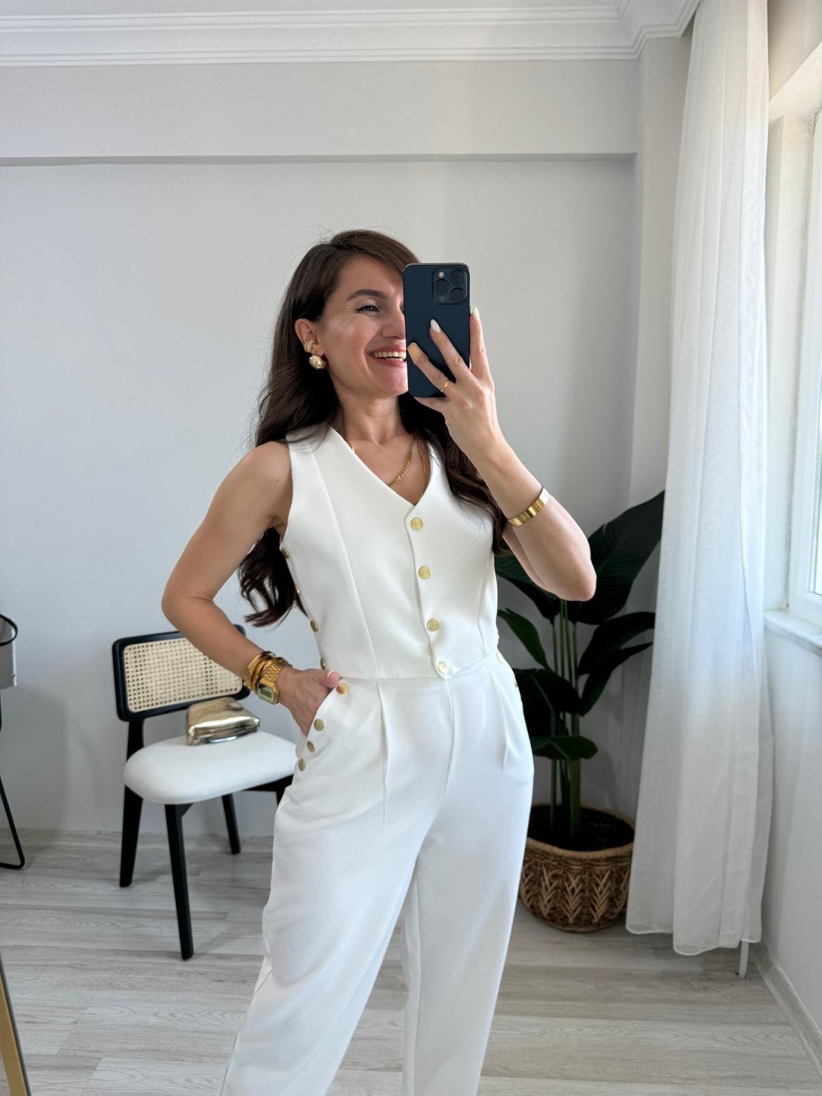Beyaz Marka Model Gold Düğmeli Yelek Pantolon Takım 4150
