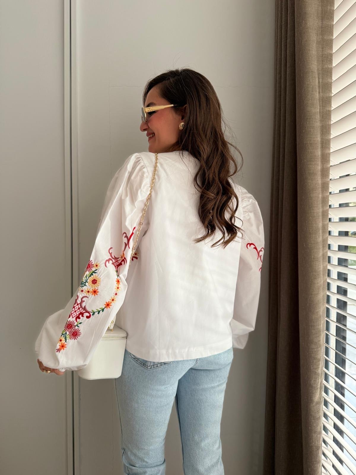 Beyaz Nakış İşlemeli Poplin Kimono 36674