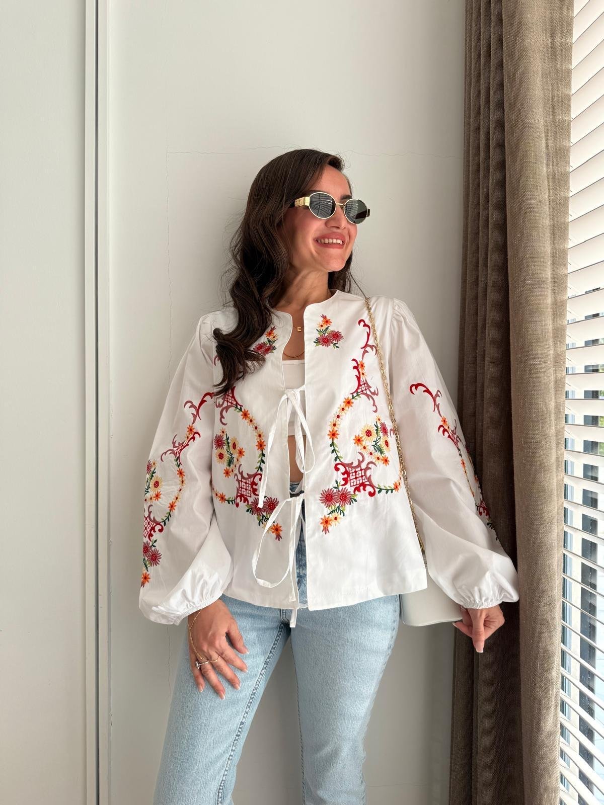 Beyaz Nakış İşlemeli Poplin Kimono 36674