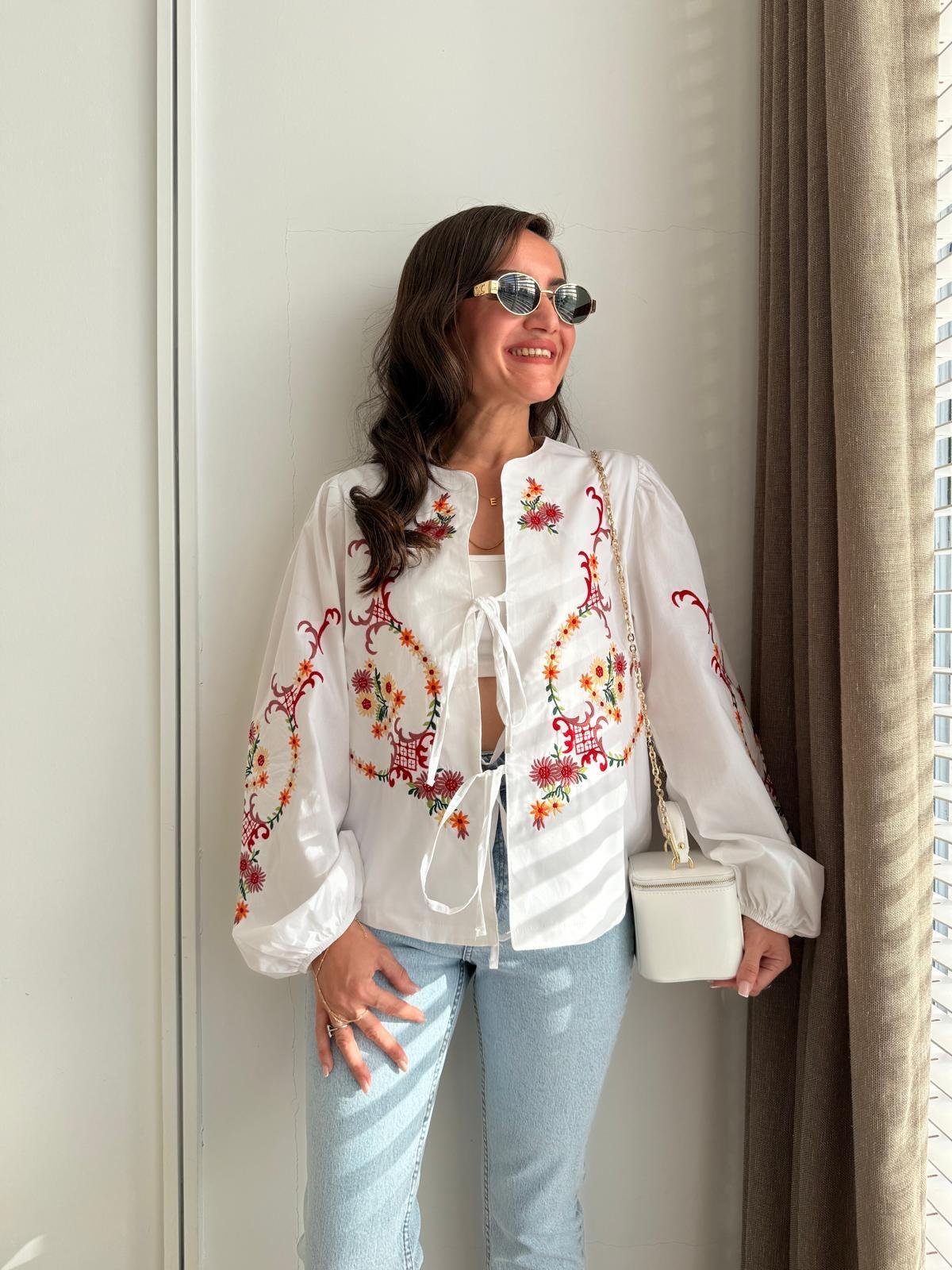 Beyaz Nakış İşlemeli Poplin Kimono 36674