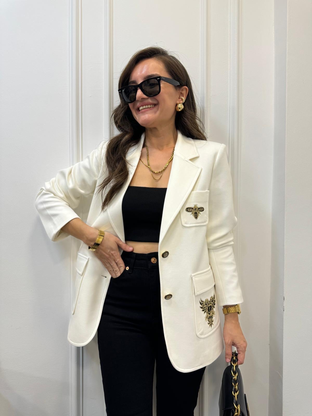 Beyaz Nakış İşlemeli Tasarım Blazer Ceket 28931