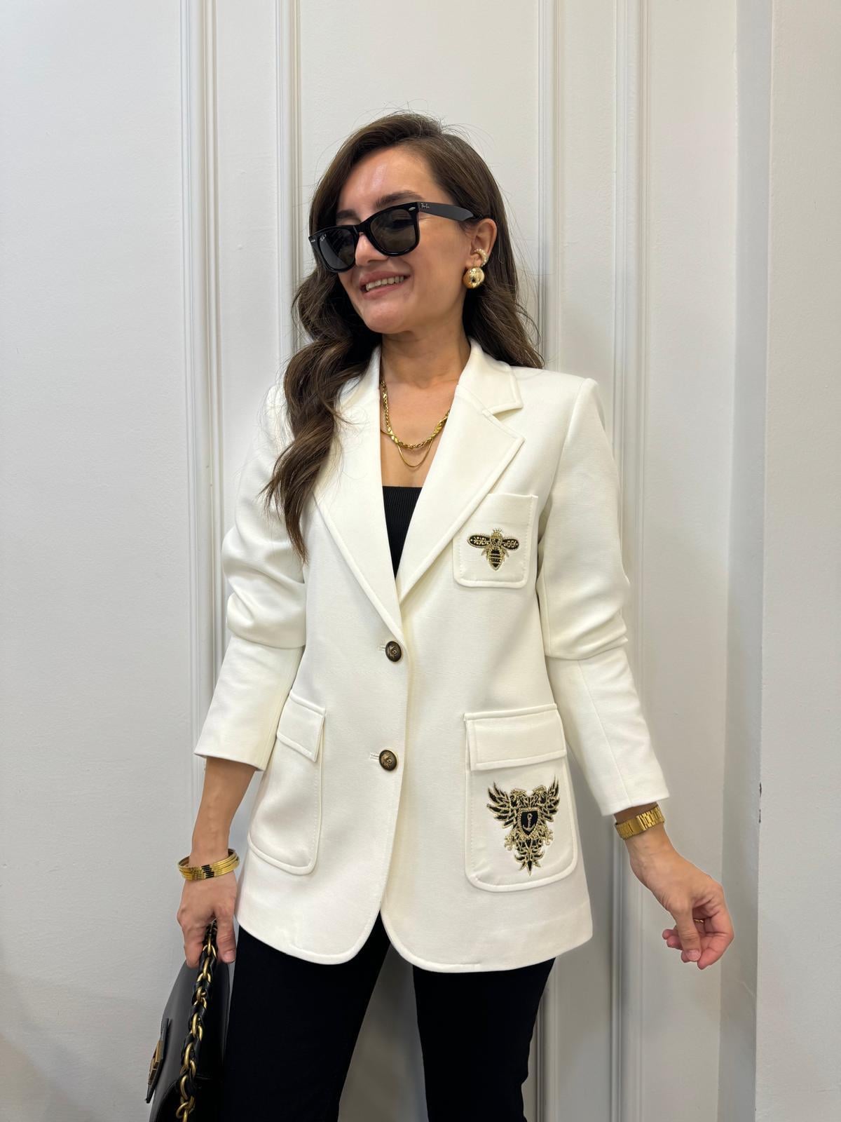 Beyaz Nakış İşlemeli Tasarım Blazer Ceket 28931