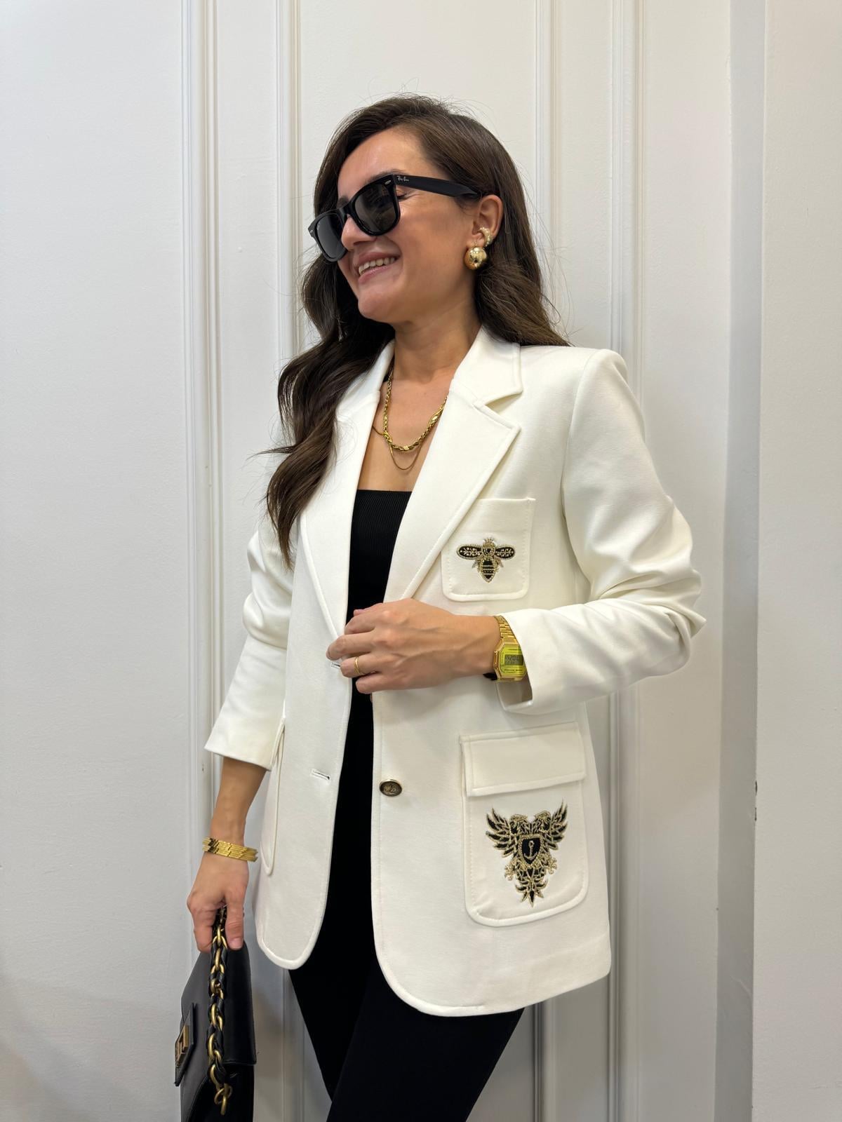Beyaz Nakış İşlemeli Tasarım Blazer Ceket 28931