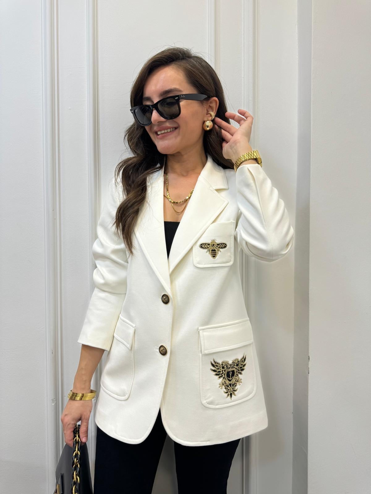 Beyaz Nakış İşlemeli Tasarım Blazer Ceket 28931