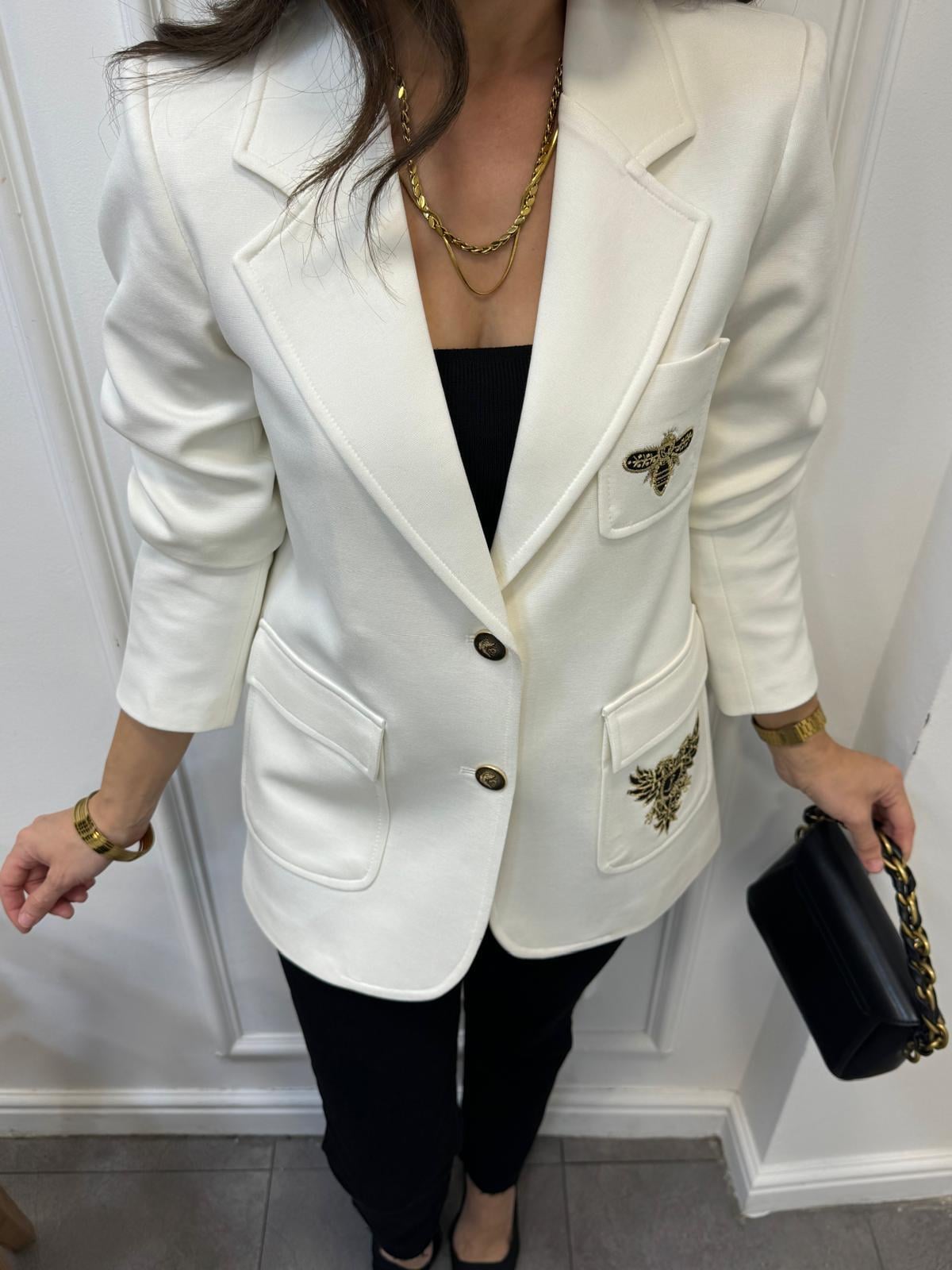 Beyaz Nakış İşlemeli Tasarım Blazer Ceket 28931