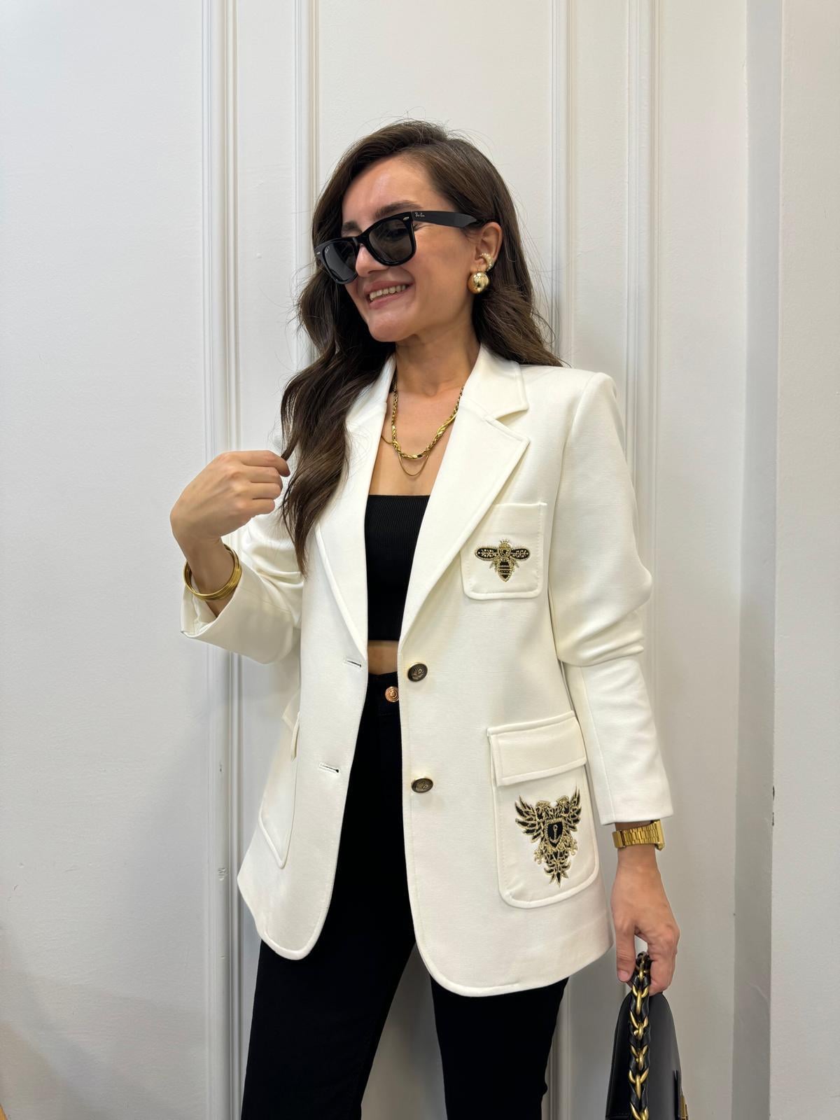 Beyaz Nakış İşlemeli Tasarım Blazer Ceket 28931