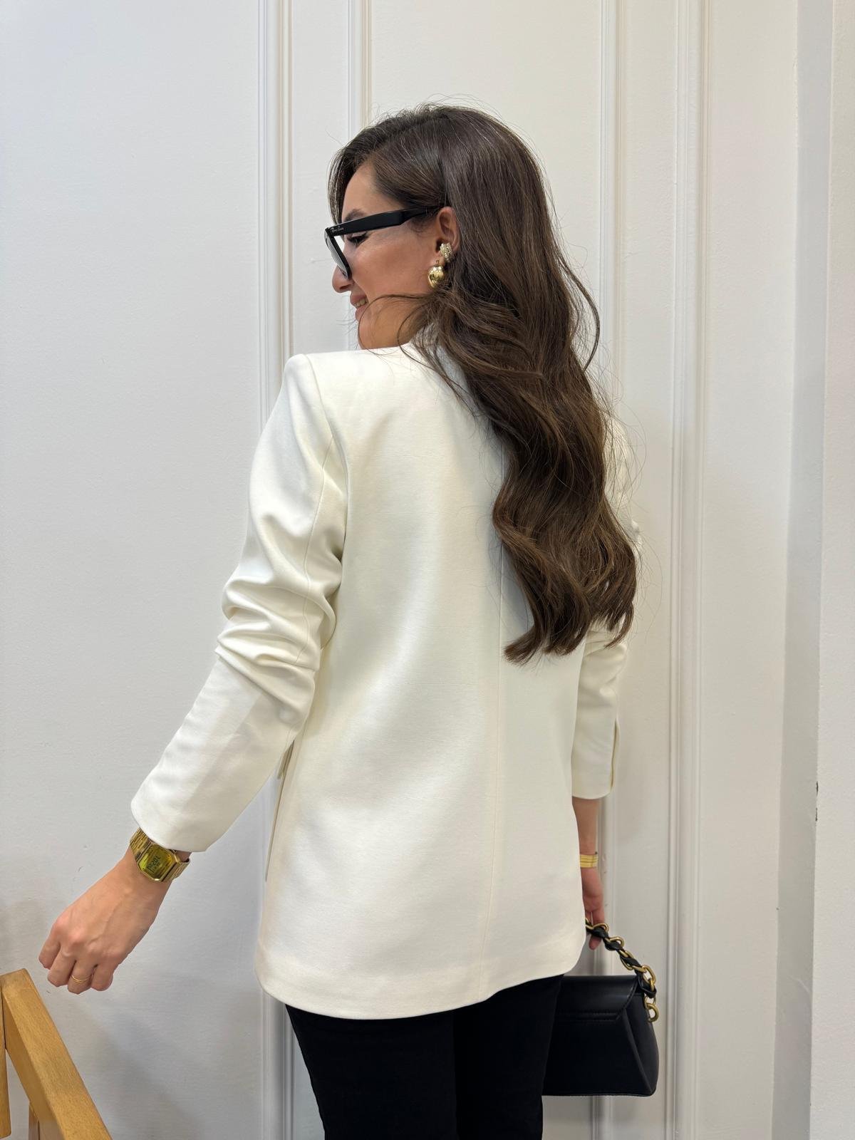 Beyaz Nakış İşlemeli Tasarım Blazer Ceket 28931