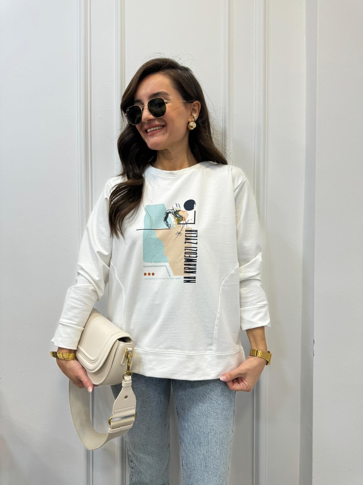 Beyaz Ön Baskılı Sweatshırt 28980