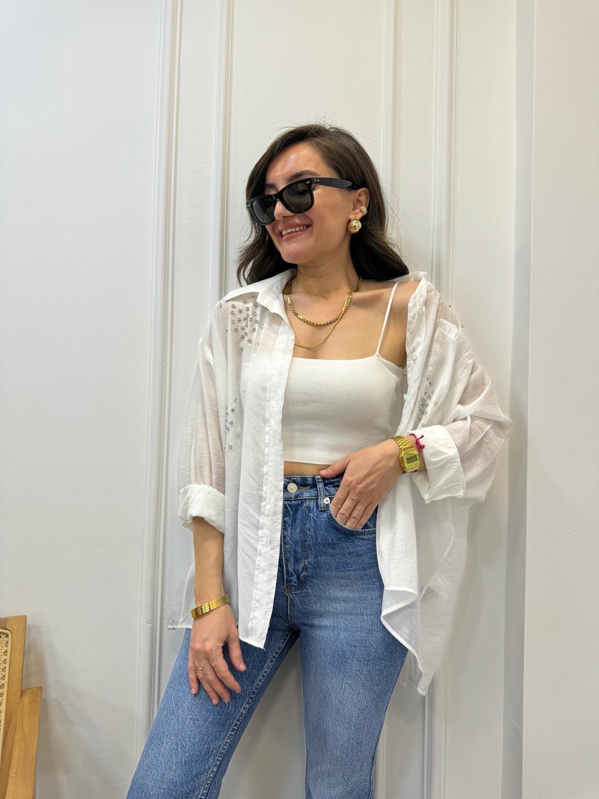 Beyaz Önü Taş Detaylı Oversize Gömlek 58763