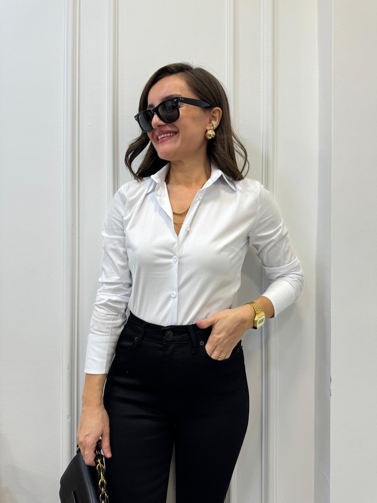 Beyaz Pensli Likralı Slim Fit Gömlek 018