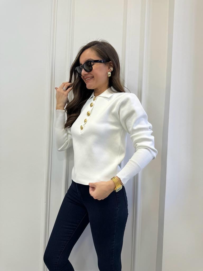 Beyaz Polo Yaka Gold Düğmeli Triko Kazak 3885